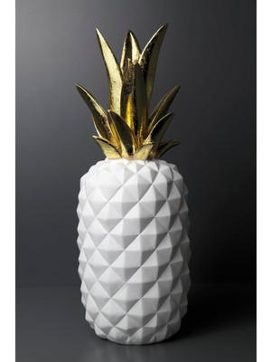 Joy Home&Accessories Beyaz Geometrik Desenli  Gold Detaylı Polyresin Dekoratif Ananas Biblosu