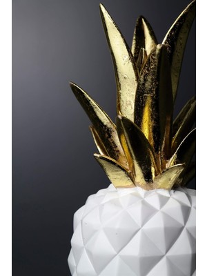 Joy Home&Accessories Beyaz Geometrik Desenli  Gold Detaylı Polyresin Dekoratif Ananas Biblosu