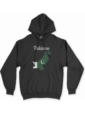 Cix Cix Pakistan Haritalı ve Bayraklı Siyah Kapşonlu Sweatshirt Hoodie