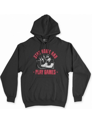 Cix Cix Kırmızı Stay Home Play Game Siyah Kapşonlu Sweatshirt Hoodie