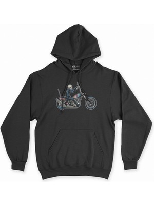 Cix Cix Amerikan Motorcu Kurukafa Siyah Kapşonlu Sweatshirt Hoodie
