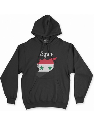 Cix Cix Suriye Haritalı ve Bayraklı Siyah Kapşonlu Sweatshirt Hoodie