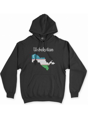 Cix Cix Özbekistan Haritalı ve Bayraklı Siyah Kapşonlu Sweatshirt Hoodie