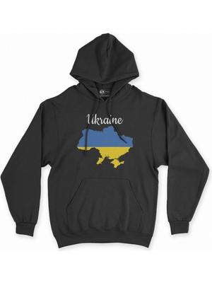 Cix Cix Ukrayna Haritalı ve Bayraklı Siyah Kapşonlu Sweatshirt Hoodie