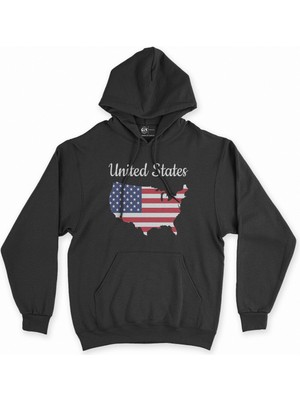 Cix Cix Amerika Haritalı ve Bayraklı Siyah Kapşonlu Sweatshirt Hoodie