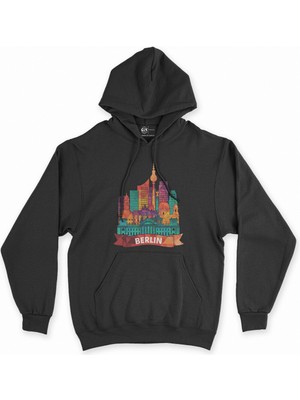 Cix Cix Renkli Berlin Illüstrasyon Siyah Kapşonlu Sweatshirt Hoodie