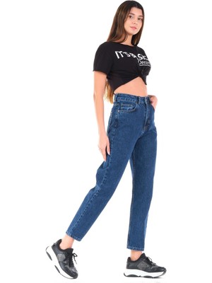 Its Basic Kadın Koyu Mavi Renk Yüksek Bel Mom Kalıp Jean Koyu Mavi-36