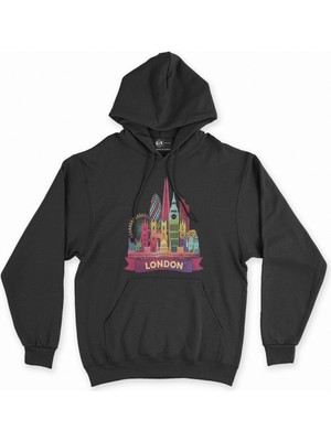 Cix Cix Renkli Londra Illüstrasyon Siyah Kapşonlu Sweatshirt Hoodie