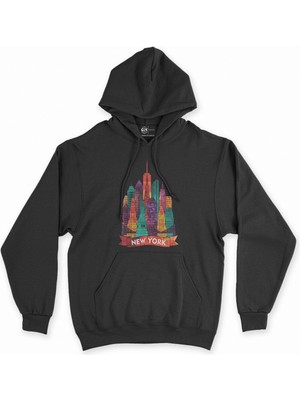 Cix Cix Renkli New York Illüstrasyon Siyah Kapşonlu Sweatshirt Hoodie