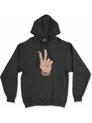 Cix Cix Zafer Işareti Siyah Kapşonlu Sweatshirt Hoodie