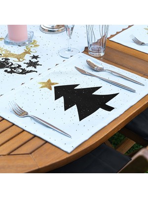 RealHomes 4+1 Siyah Beyaz Gold Detaylı Mery Christmas Temalı Amerikan Servis & Runner Seti