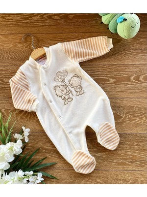 Renkli Puset Kadife Bebek Tulum Ayı Kalpli Ekru Pembe Mavi