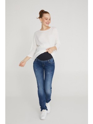 Vavien Slim Fit Likralı Hamile Jean Damlatmalı Koyu Mavi Pantolon 1012