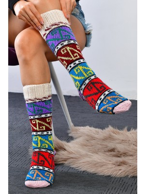 Moda1001 3'lü Paket Kadın El Örgüsü Uzun Yün Çorabı Çok Renkli - 35-40