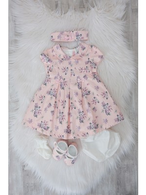 Babydola %100 Pamuk Kız Bebek Elbise 5'li Set Bandana Külot Ayakkabı Çorap