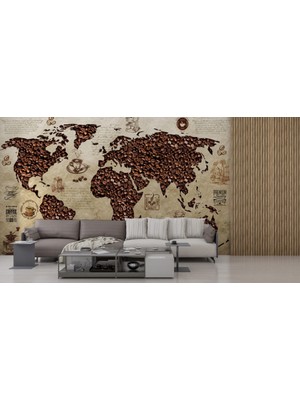 Duvar Kağıdı Marketi Kahve Desenli Dünya Haritalı 3D Duvar Kağıdı