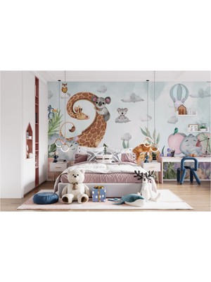 Duvar Kağıdı Marketi Otların Arasındaki Mutlu Hayvanlar Temalı 3D Duvar Kağıdı