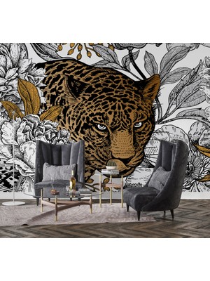 Duvar Kağıdı Marketi Kaplan ve Çiçek Desenli 3D Duvar Kağıdı