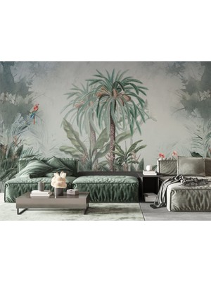 Duvar Kağıdı Marketi 3D Tropikal Flamingolu ve Papağanlı Duvar Kağıdı