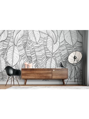 Duvar Kağıdı Marketi Karekalem Tarzında Siyah Beyaz Tropikal Desenli 3D Duvar Kağıdı
