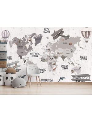 Duvar Kağıdı Marketi Çocuk Dünya Harita Uçaklı ve Balonlu 3D Duvar Kağıdı