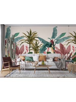 Duvar Kağıdı Marketi 3D Farklı Renkte Bitki ve Ağaç Desenli Tropikal Duvar Kağıdı