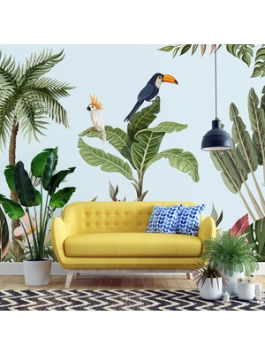 Duvar Kağıdı Marketi 3D Kuş, Ağaç ve Çiçek Desenli Tropikal Duvar Kağıdı