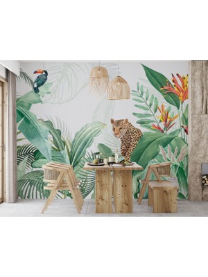 Duvar Kağıdı Marketi 3D Kaplan ve Bitki Desenli Tropikal Duvar Kağıdı