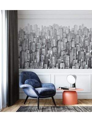 Duvar Kağıdı Marketi 3D Karakalem Çizimli Çok Bina Desenli Duvar Kağıdı