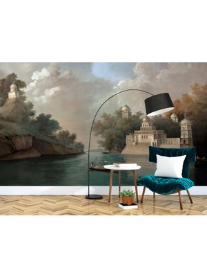 Duvar Kağıdı Marketi Deniz Kenarında Tarihi Bina ve Orman Desenli 3D Duvar Kağıdı