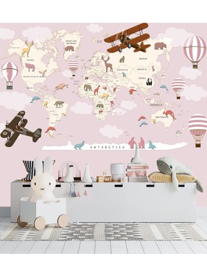 Duvar Kağıdı Marketi Hayvanlı ve Şekilli Pembe Çocuk Harita Desenli 3D Duvar Kağıdı