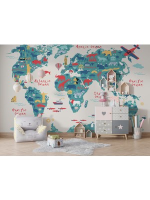 Duvar Kağıdı Marketi Hayvan Desenli Çok Renkli Çocuk Haritası 3D Duvar Kağıdı