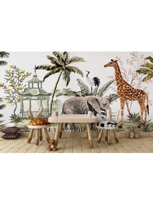 Duvar Kağıdı Marketi Ormanda Zürafa ve Fil Desenli 3D Duvar Kağıdı