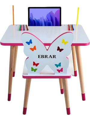 Liva Ahşap Çocuk Masa Sandalye Takımı Tekli Pembe (Kelebekli)- Tablet, Telefon ve Kalemlik Yeri Yaz Sil Özellikli Yüzey