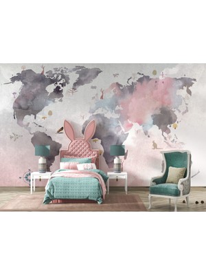 Duvar Kağıdı Marketi Sulu Boya Desenli Çocuk Haritası 3D Duvar Kağıdı