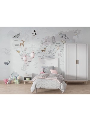 Duvar Kağıdı Marketi Çok Çeşit Hayvan Desenli Çocuk Haritası 3D Duvar Kağıdı