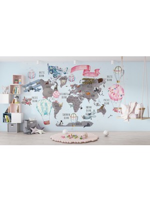 Duvar Kağıdı Marketi Seyahat Araçları Desenli Çocuk Haritası 3D Duvar Kağıdı