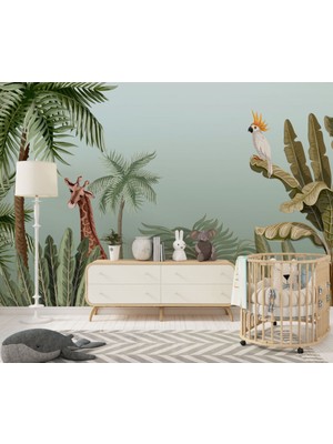 Duvar Kağıdı Marketi Ağacın Etrafında Duran Papağan ve Zürafa Desenli 3D Duvar Kağıdı