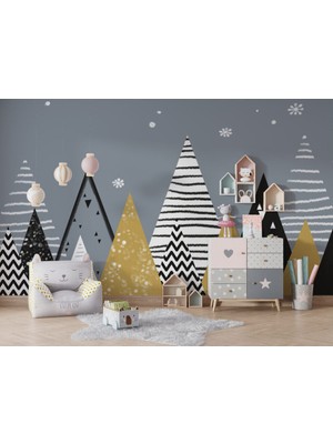 Duvar Kağıdı Marketi Karlı Üçgen Ağaç Desenli 3D Duvar Kağıdı