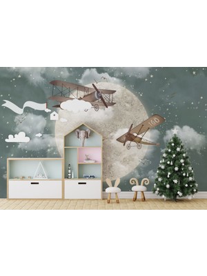 Duvar Kağıdı Marketi Ay'ın Etrafında Tur Atan Uçak Desenli 3D Duvar Kağıdı