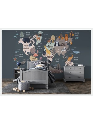 Duvar Kağıdı Marketi 3D Hayvanlı Çocuk Haritalı Duvar Kağıdı