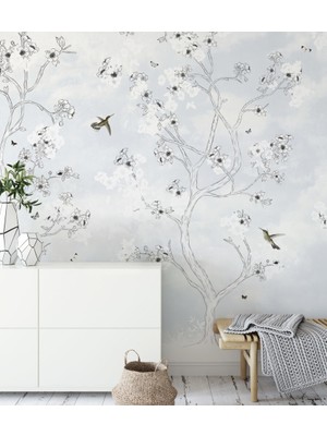 Duvar Kağıdı Marketi Beyaz Zeminli Ağaç Dallındaki Kuşlar 3D Duvar Kağıdı