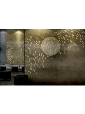 Duvar Kağıdı Marketi Ay ve Kuşlu Mozaik Desenli 3D Duvar Kağıdı