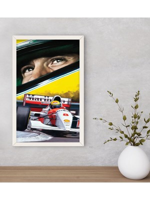 Bk Gift F1 Ayrton Senna Tasarımlı Dekoratif Ahşap Beyaz Çerçeveli Tablo-1