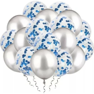Bal10 Dünyası Koyu Mavi Konfetili Şeffaf Balon ve Metalik Gri Balon Seti 20 Adet
