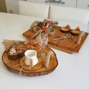 Retro Rustik Ahşap Eskitme Söz Nişan - Kahve Sunum Tepsisi ( Ikili Set )