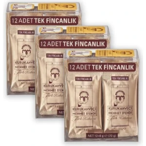 Kurukahveci Mehmet Efendi  3'lü Paket Türk Kahvesi 12*6 G x 3 Paket Tek Içimlik Folyo Ambalaj