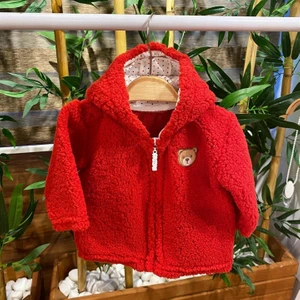 Renkli Puset Peluş Polar Bebek Kapşonlu Fermuarlı Hırka Wellsoft Kırmızı