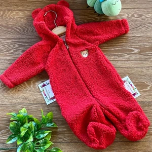 Renkli Puset Peluş Polar Bebek Tulum Wellsoft Ayı Kırmızı