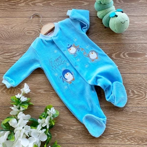 Renkli Puset Kadife Bebek Tulum Penguen Ekru Pembe Mavi